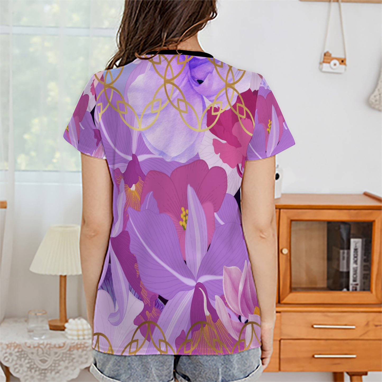 Black collar Beautiful purple flowers Women's All Over Print T-shirt (USA Size) (T40)