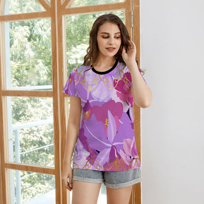 Black collar Beautiful purple flowers Women's All Over Print T-shirt (USA Size) (T40)