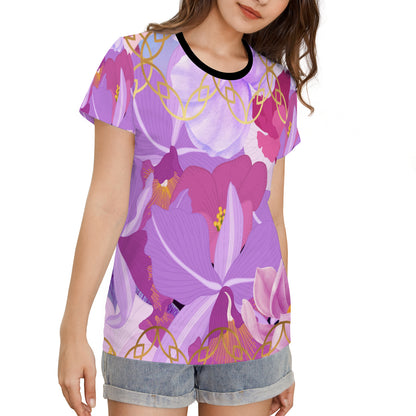 Black collar Beautiful purple flowers Women's All Over Print T-shirt (USA Size) (T40)
