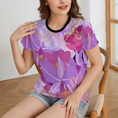 Black collar Beautiful purple flowers Women's All Over Print T-shirt (USA Size) (T40)