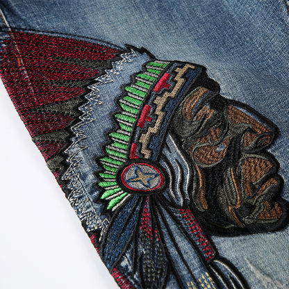 Trendy Urban streetwear Embroidered Frayed Men's Blue Jeans