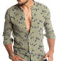3D printed linen colorblock stand collar shirt