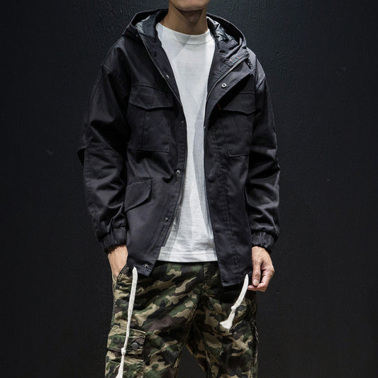 Men's plus size loose hooded drawstring jacket