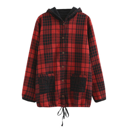 H5 plus size women's autumn and winter new fat sister mm plus velvet plaid double yarn hooded lining