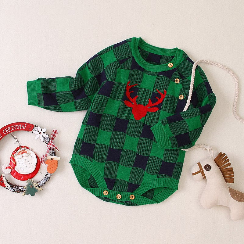 One-piece long-sleeved plaid one-piece triangle romper crawl