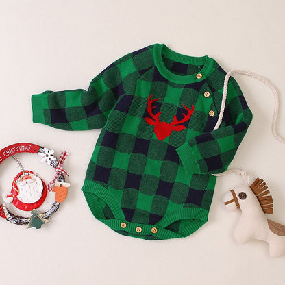 One-piece long-sleeved plaid one-piece triangle romper crawl