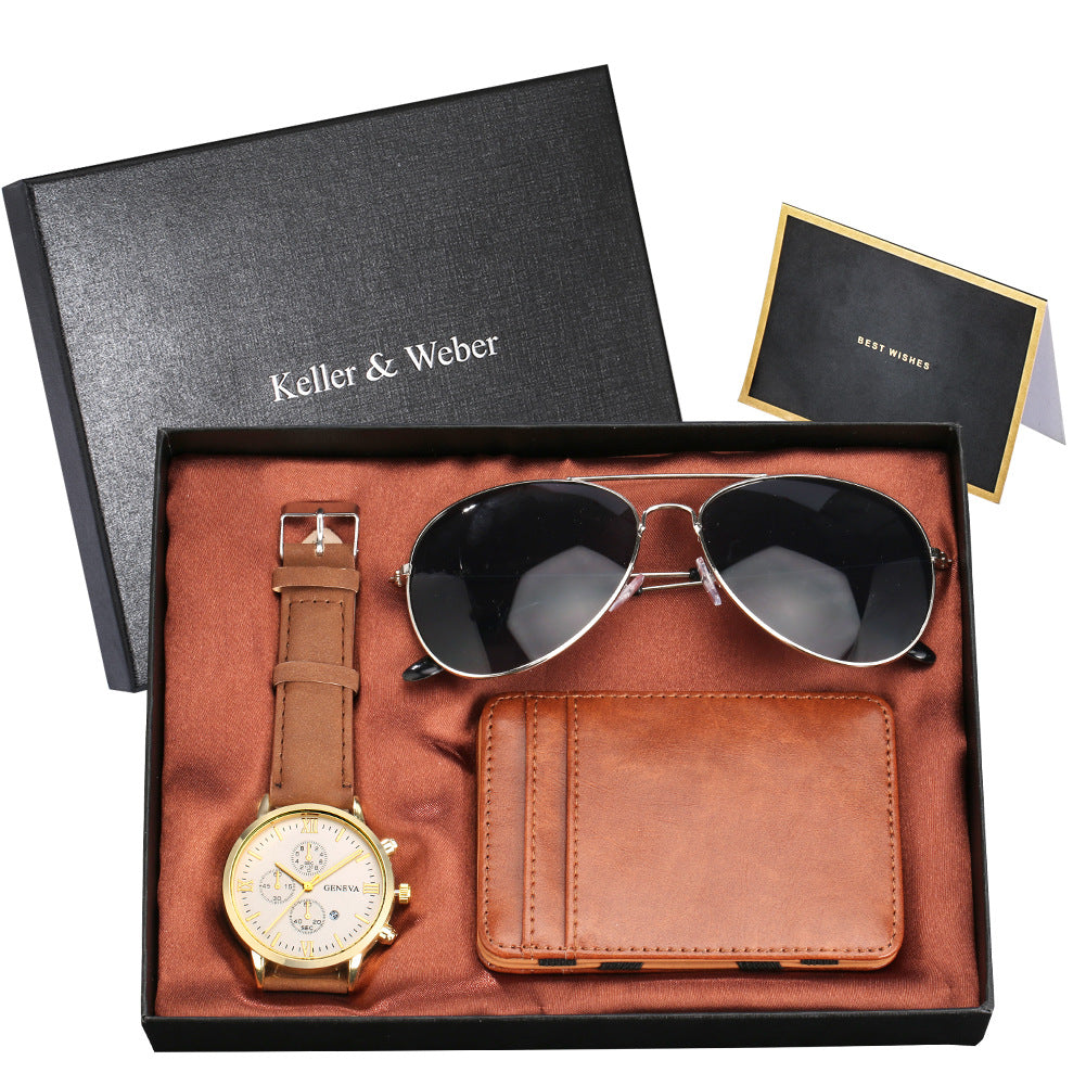 New Men's Quartz Watch Set Glasses Wallet Gift Set Box