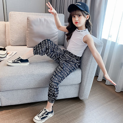 Girls Korean Style Sleeveless Two-piece Sports Suit