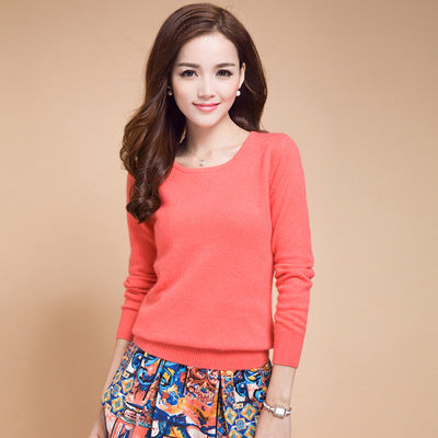 Winter Cashmere Jumper Slim Fit Plus Size Solid Color Round Neck for Women