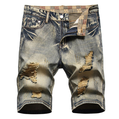 Trendy Men's Summer Five-point Shorts With Holes In Nostalgic Fashion Slim Fit