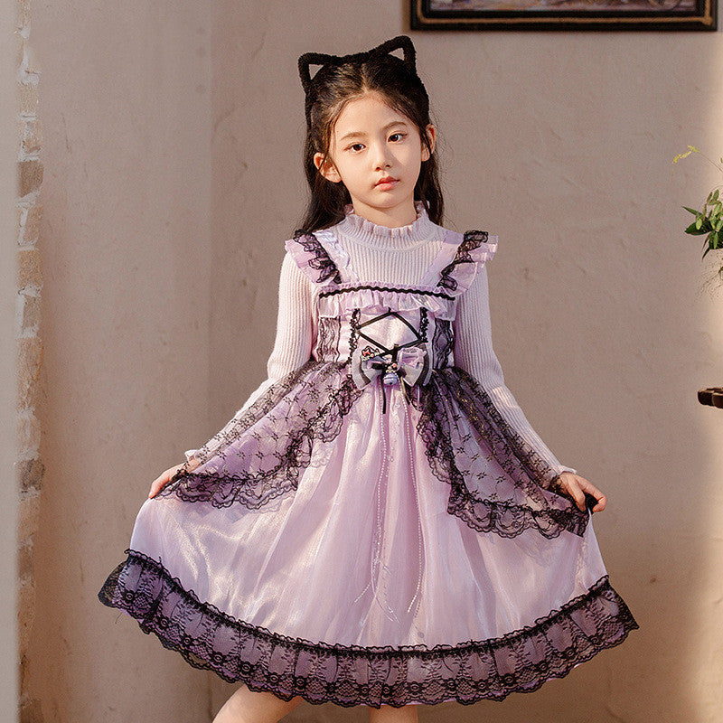 LITTLE Girls light purple silk with long sleeve with black lace trim ascent design dress