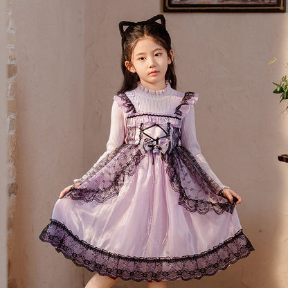 LITTLE Girls light purple silk with long sleeve with black lace trim ascent design dress