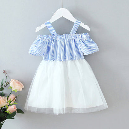 Striped Bow Net Yarn Suspender Skirt Baby Princess Dress Fluffy Yarn