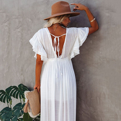 New Bamboo Cloth Button Waist Rope Long Skirt Cardigan Vacation Beach Jacket Sun Protection Clothing Long Skirt Bikini Cover-Up for Women