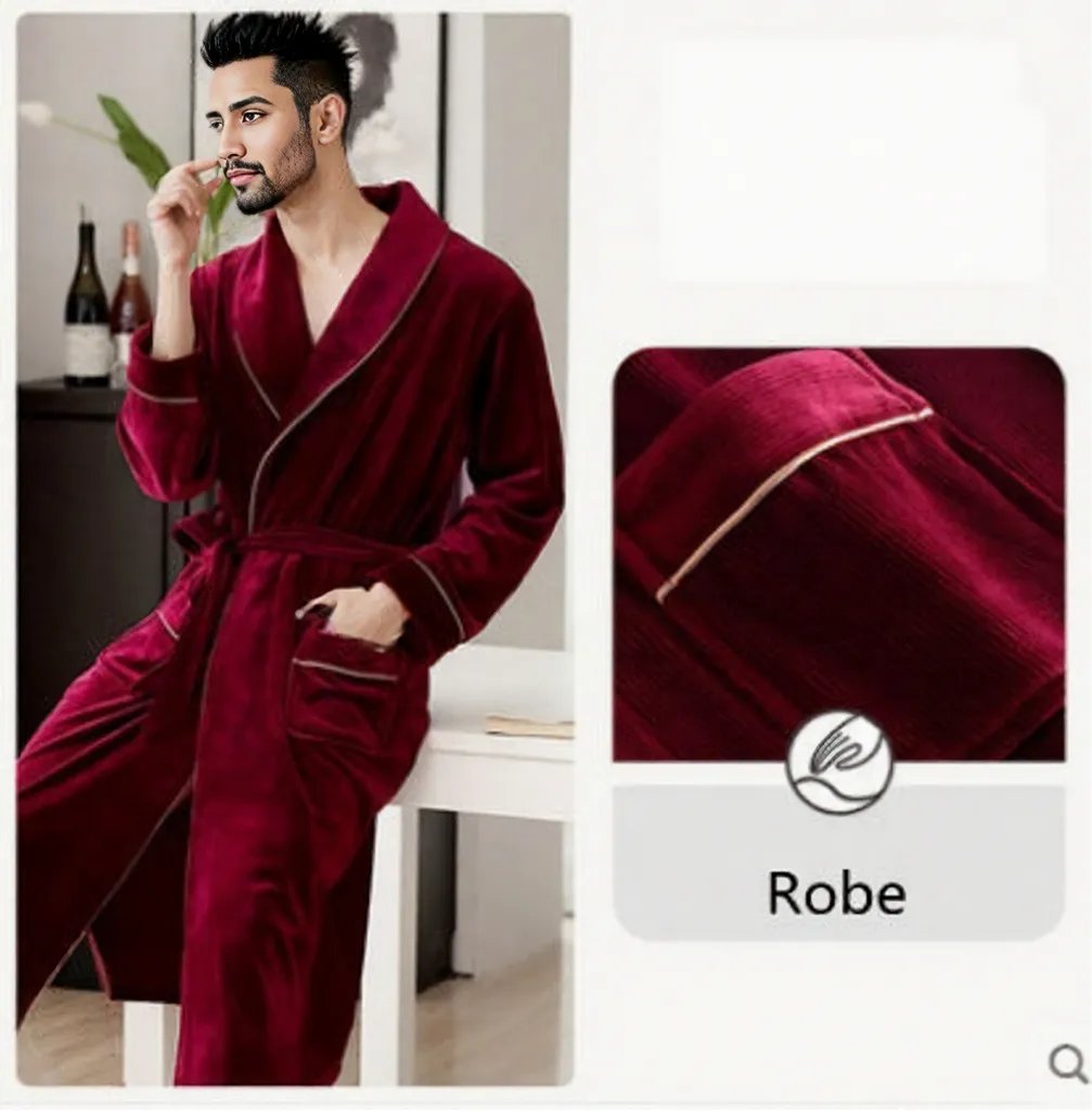 Burgundy island velvet fabric winter unisex flannel robe for men & women
