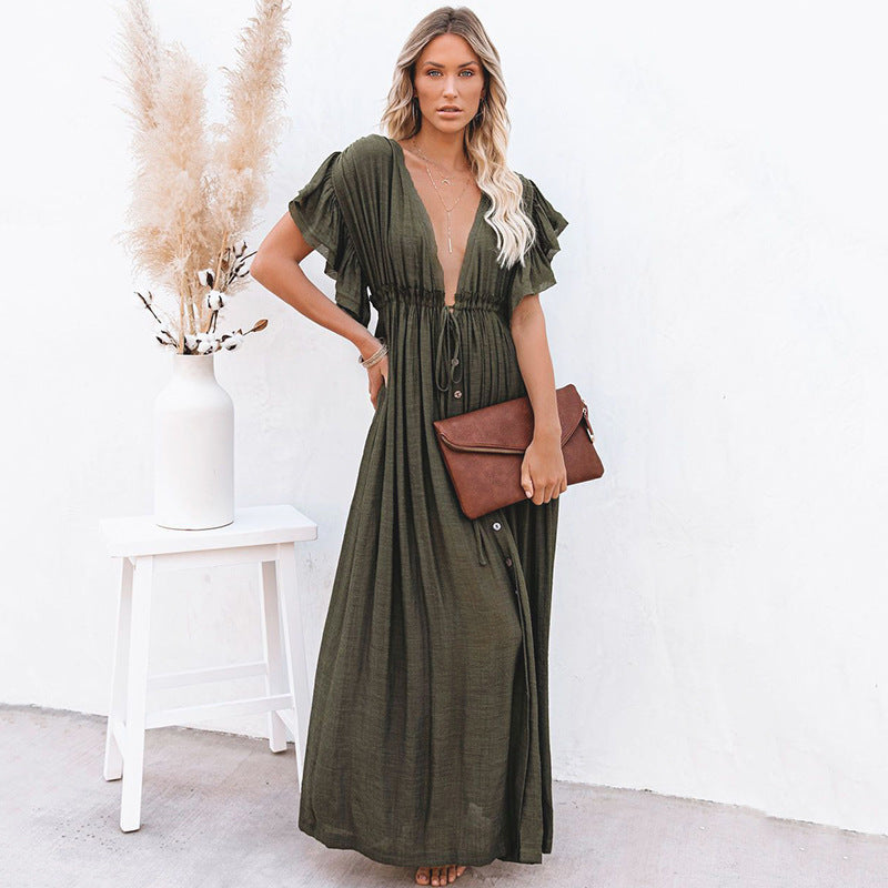 New Bamboo Cloth Button Waist Rope Long Skirt Cardigan Vacation Beach Jacket Sun Protection Clothing Long Skirt Bikini Cover-Up for Women