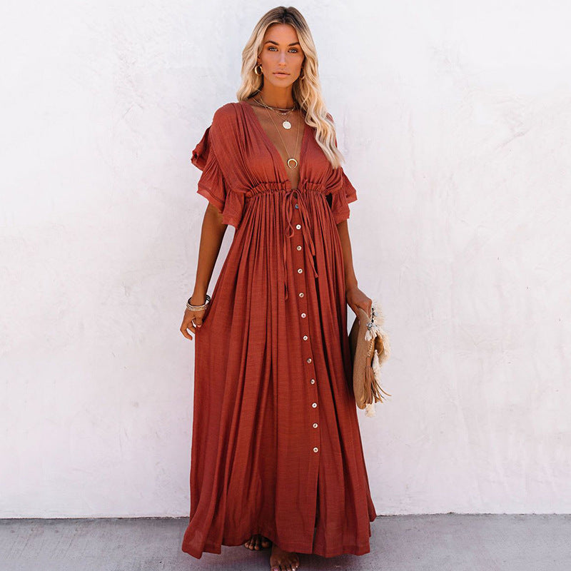 New Bamboo Cloth Button Waist Rope Long Skirt Cardigan Vacation Beach Jacket Sun Protection Clothing Long Skirt Bikini Cover-Up for Women