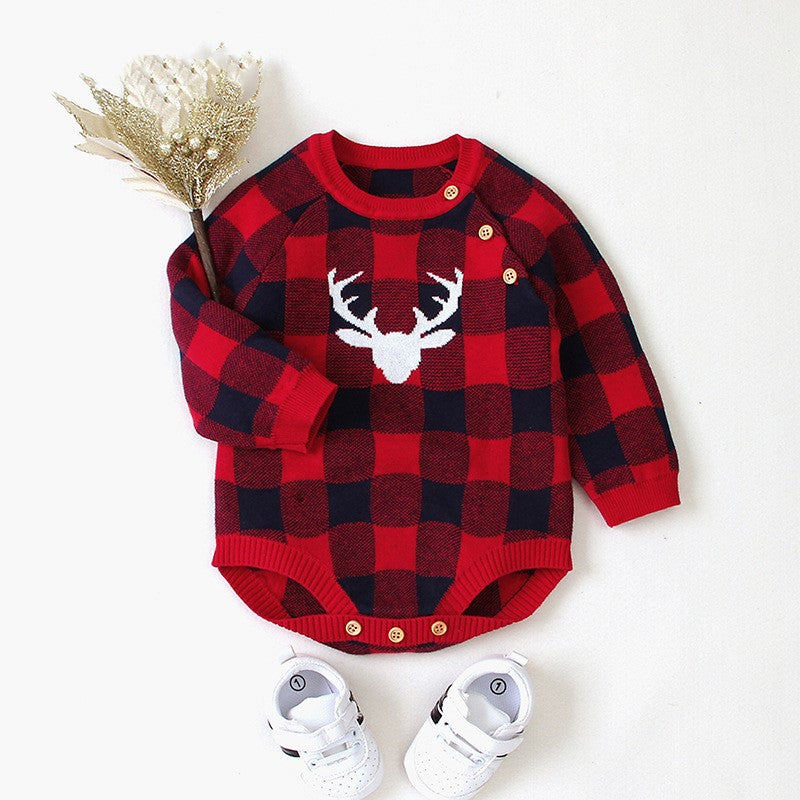 One-piece long-sleeved plaid one-piece triangle romper crawl
