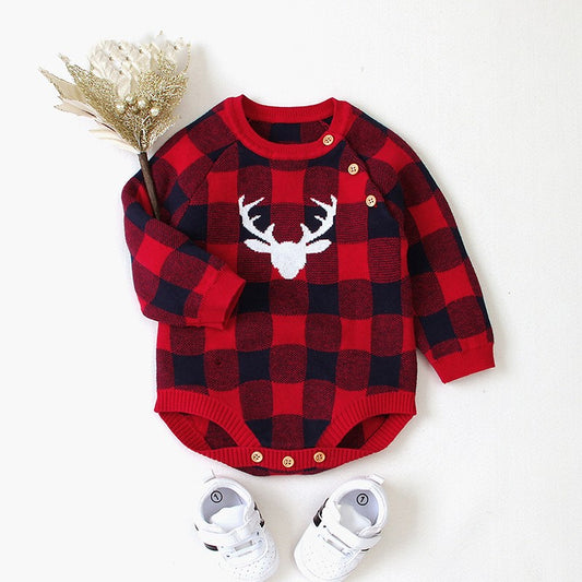 One-piece long-sleeved plaid one-piece triangle romper crawl