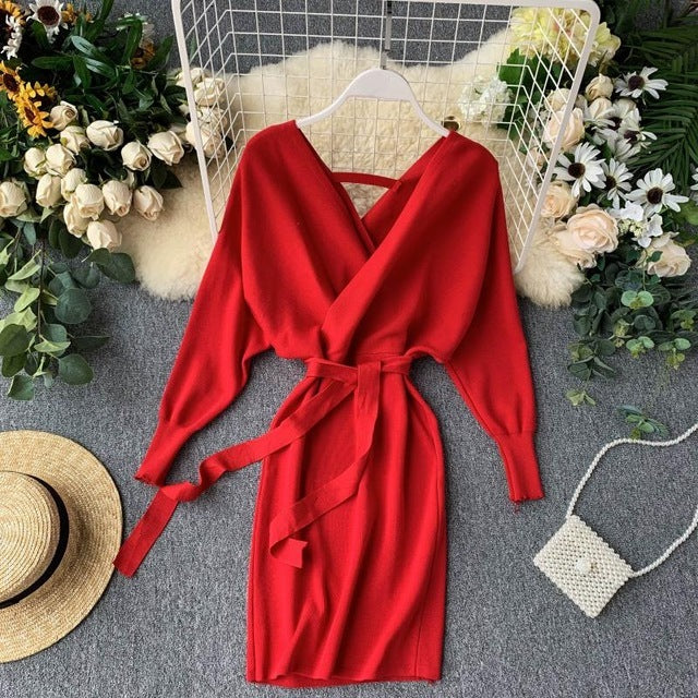 New Red Fall/Autumn Winter Knitted Sweater Dress for women