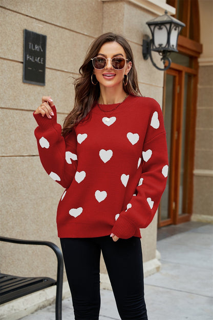 New Valentine's Day Heart Round Neck Plus Size Loose Women's Knit Sweater