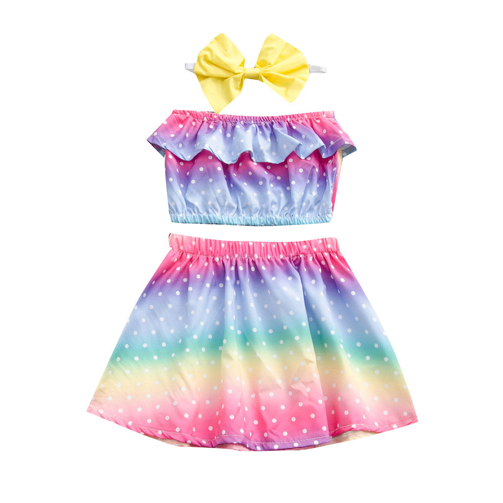 Summer fashion girl sleeveless rainbow three-piece suit