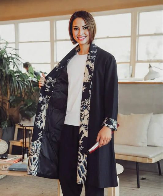 Unisex Dark Blue Casual Stitching Printed Linen Cloak Plus Size Windbreaker
