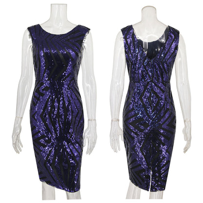 Round Neck Back V-neck Women's Sequin Dress