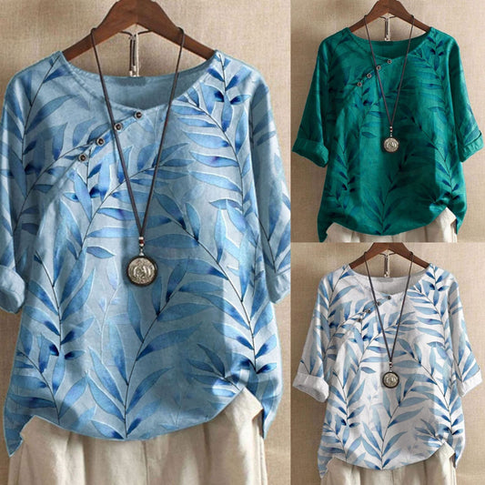 Long Sleeve Round Neck Pullover Three Quarter Sleeve Womens Printed T Shirt