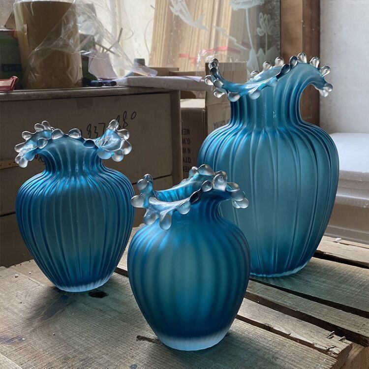 Wavy Frosted Blue Striped Glass Vase