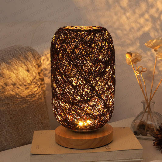 Rechargeable Solid Wood Twine Takraw Table Lamp
