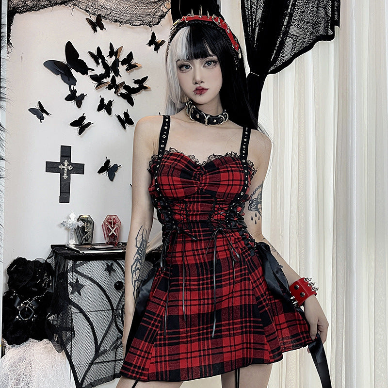 Dark Red Plaid Hot Girl Sling Design Sense Dress