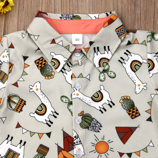 Summer boys and girls suit cartoon printed shirt solid color shorts suit