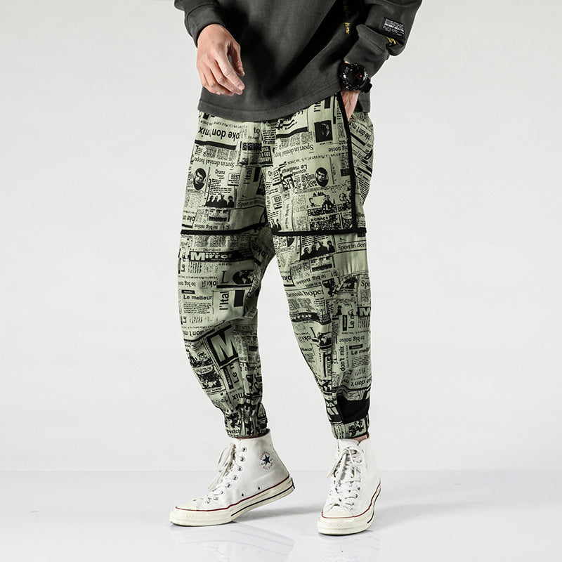 Tide brand hip hop newspaper pants men and women pants ins the same paragraph street loose beam pants national tide