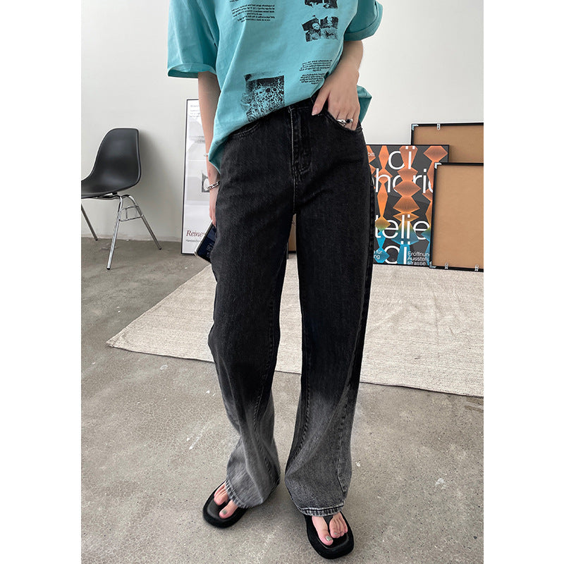 Gradient High Waist Washed Dark Skinny Washed Straight Jeans Trousers Women