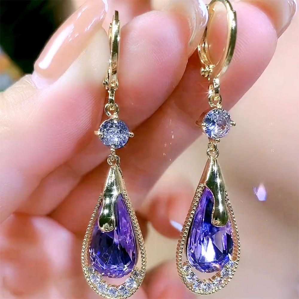 High-grade Purple Crystal Earrings Drop-shaped Design