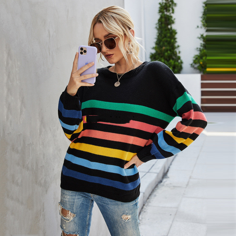 Women's plus size striped stitching knitted sweater
