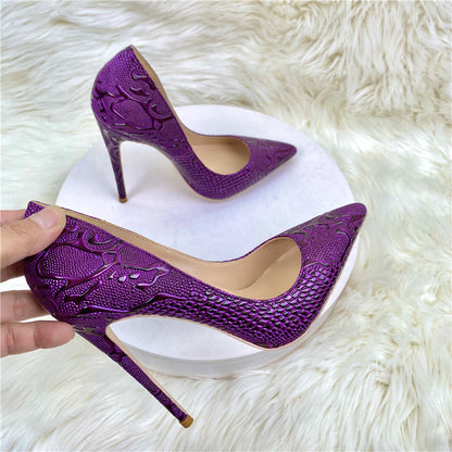 Beautiful purple embossed lace swirl design women's high heels