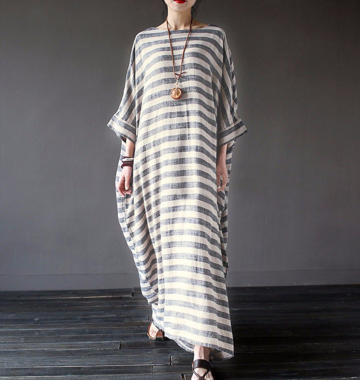 Cotton And Linen Stripes Loose Plus Size Long Dress