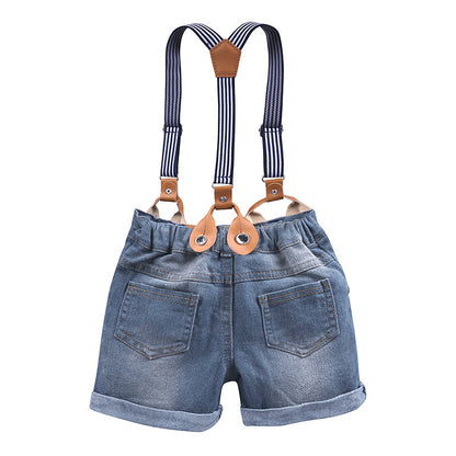 Handsome boy's blue stripe shirt and jeans trousers suit