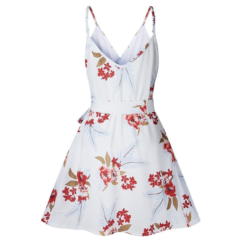 Summer print sling backless V-neck women''s dress