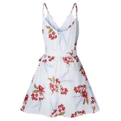 Summer print sling backless V-neck women''s dress