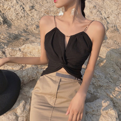 Small waistcoat women''s new summer 2021 Korean version of women''s wear with twisted chain personality suspender