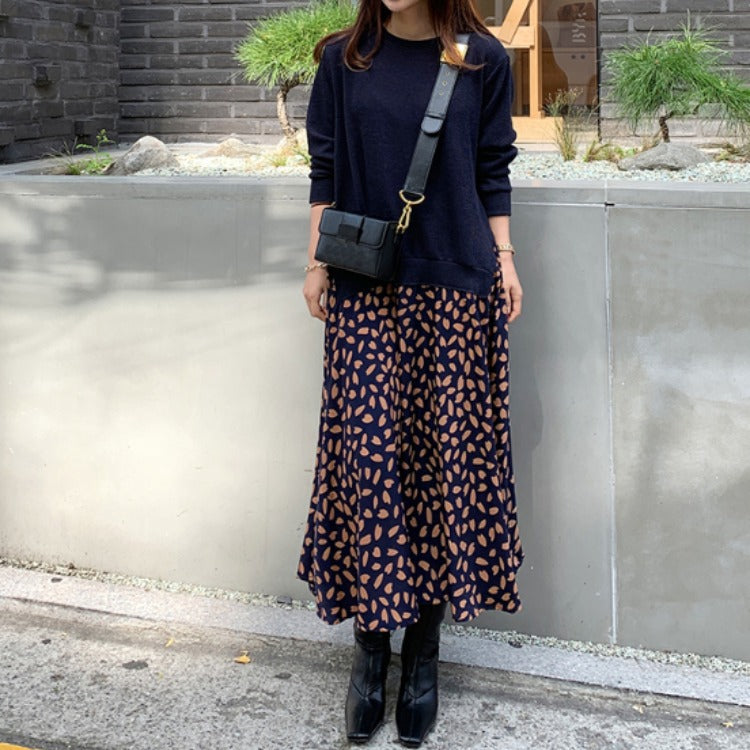 Plus Size Women's Long-sleeved T-shirt Stitching Print Big Swing Dress