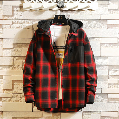 Men's Japanese Plus Size Casual Original Detachable Hooded Plaid Shirt