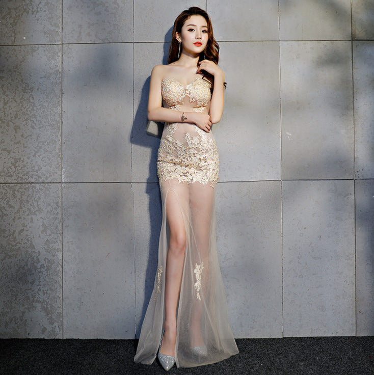 Tube top slit long evening dress