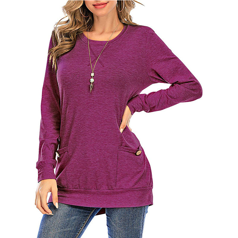 New Product Crossed Pockets Round Neck Long-sleeved T-shirt Women