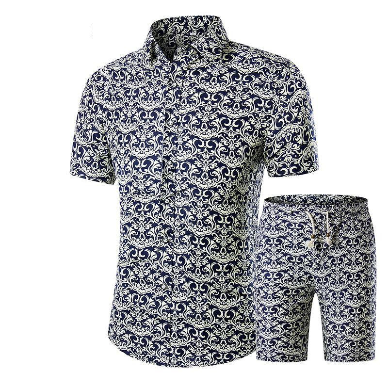 Summer New Products Men's Short-Sleeved Shirt Shorts Two-Piece Floral Shirt Set