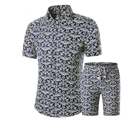 Summer New Products Men's Short-Sleeved Shirt Shorts Two-Piece Floral Shirt Set