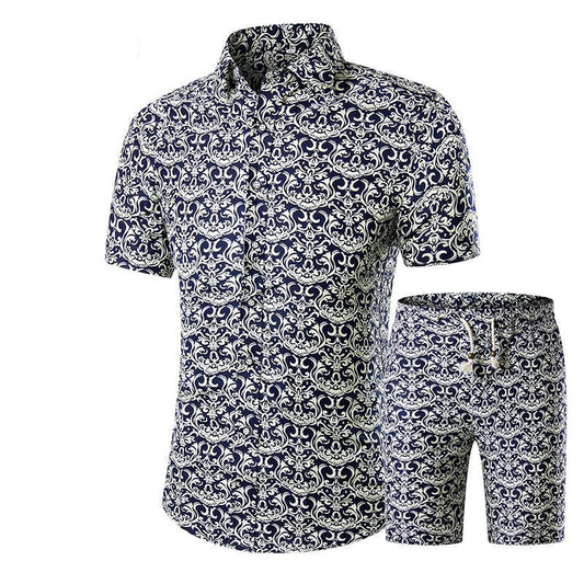 Summer New Products Men's Short-Sleeved Shirt Shorts Two-Piece Floral Shirt Set